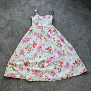 Laura Ashley White Floral Dress Size 12 Fit and Flare Maxi Strawberries Flowers
